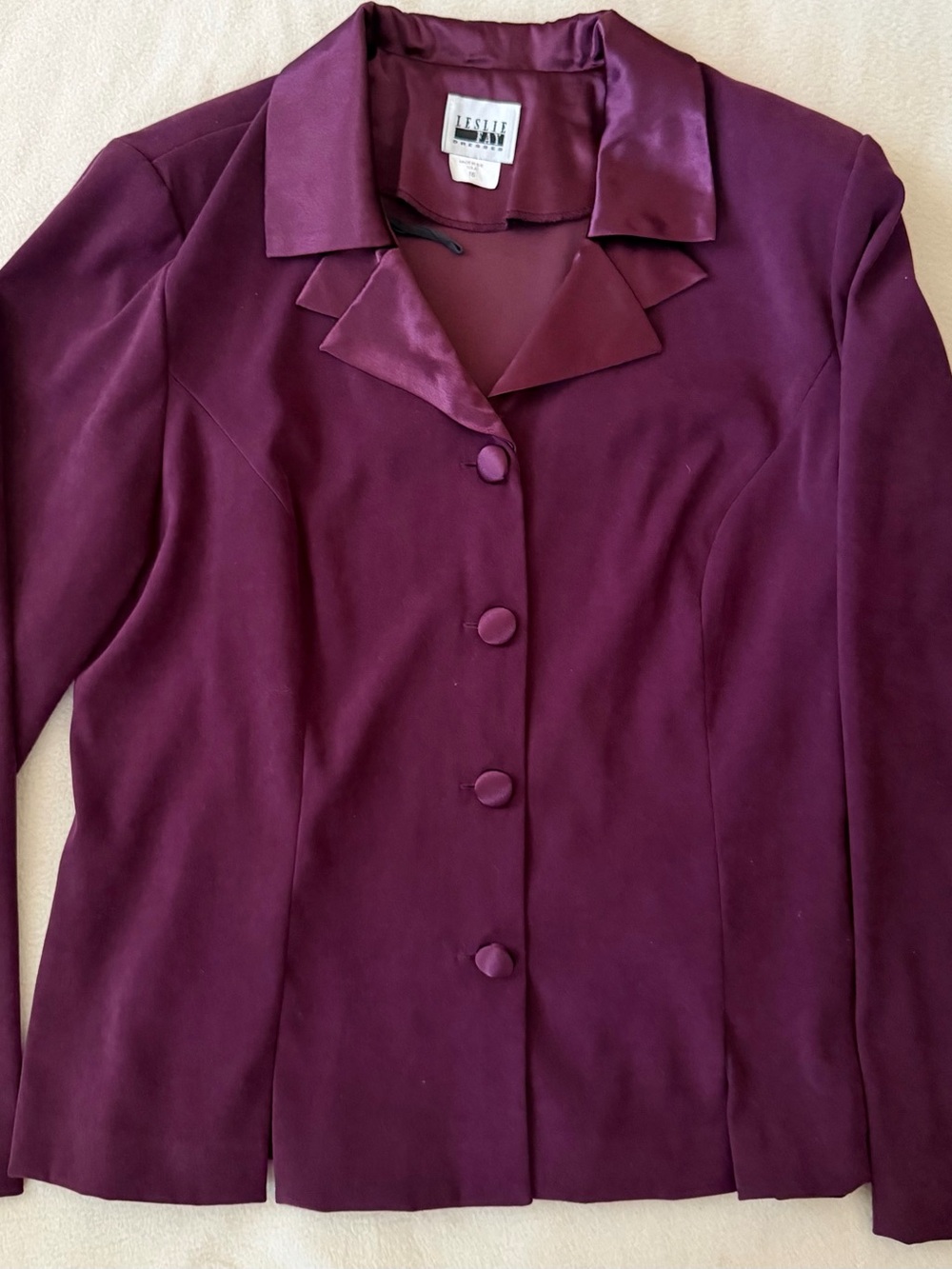 Vintage Leslie Fay Plum Satin Trim Single Breasted Blazer Jacket Size 16